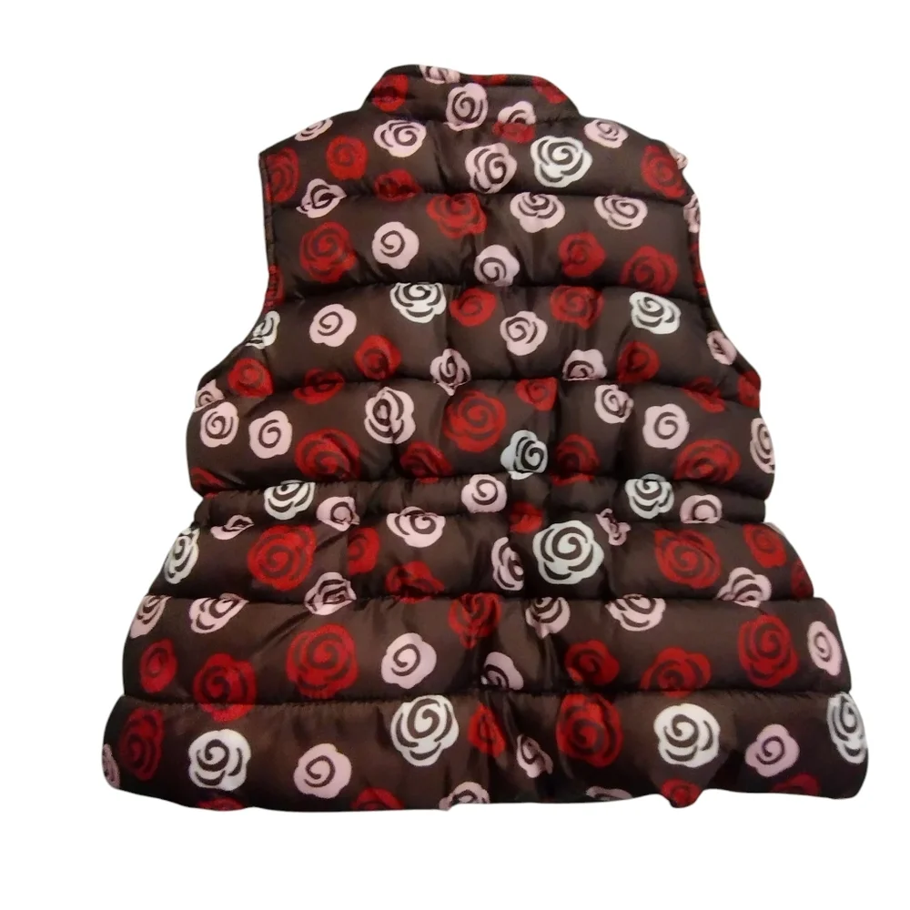 💚 GUC Gymboree Brown Floral Puffer Vest with Red and Pink Roses XS 3-4